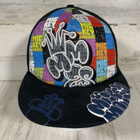Disney Parks Mickey Mouse Fitted Hat Black Graffiti Hip Hop Stretch Cap Adult OS - Picture 1 of 6